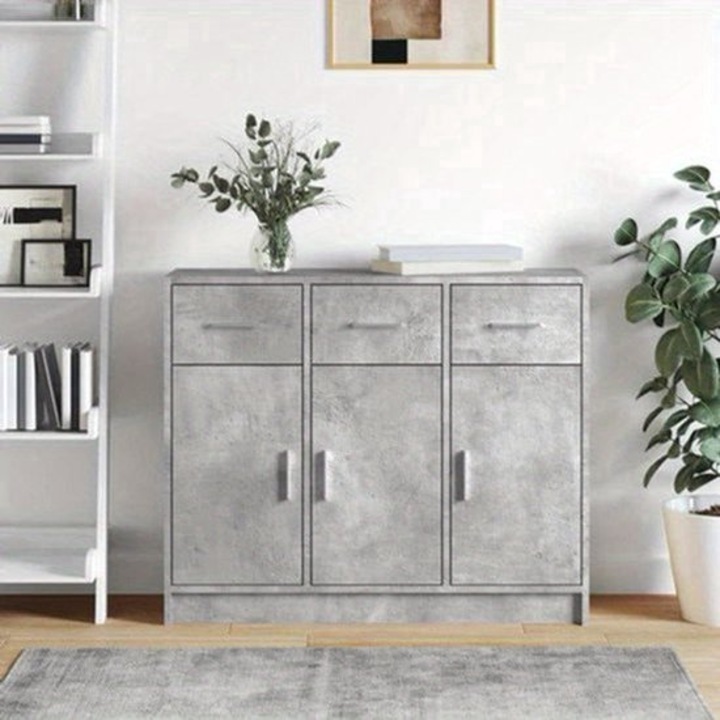 Comoda de depozitare Corenia QRE-2078371, 3 sertare si 2 usi, MDF cu elemente din lemn, finisaj gri beton, 91 x 28 x 75 cm