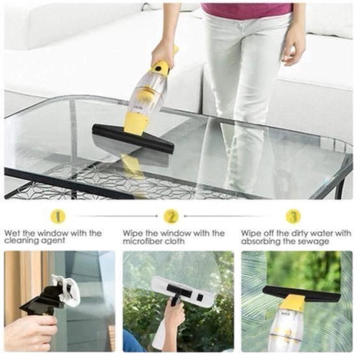 Curatator de geamuri Corenia QRE-2032291, fara fir, motor 10W, lama 28 cm, maner telescopic 44–75 cm, baterie 1500 mAh (20–35 min), rezervor 200 ml, galben/negru