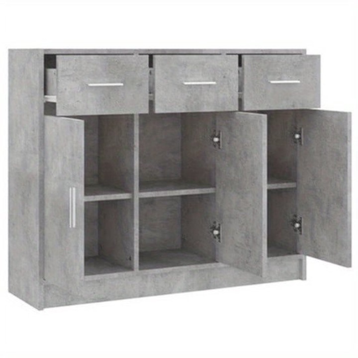 Comoda Corenia QRE-2076029, 3 sertare si 2 usi, MDF cu elemente din lemn, gri beton, 91x28x75 cm