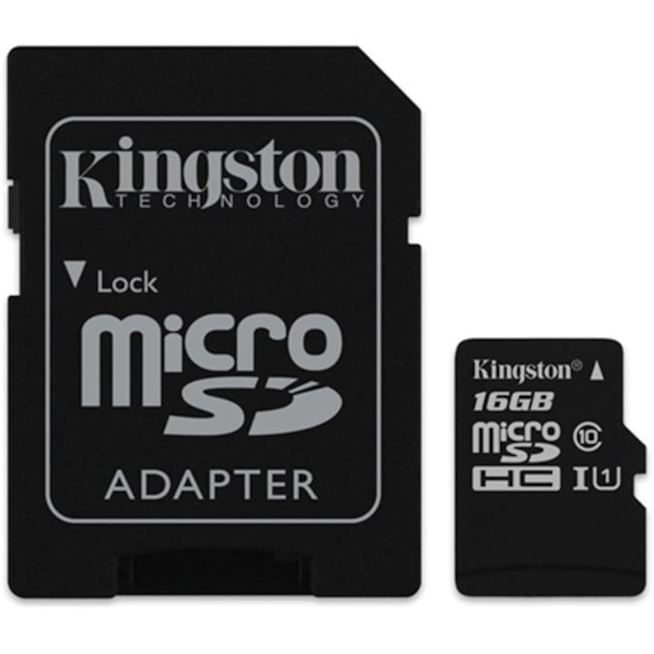 Карта памет Kingston MicroSDHC Canvas Select, 16 GB, 80R, Class 10, UHS-I + Aдаптер