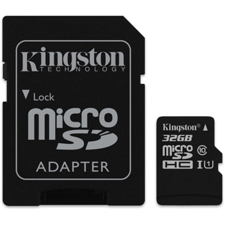 32 GB Kingston MicroSDHC memóriakártya, Canvas Select 80R, Class 10, UHS-I és adapter