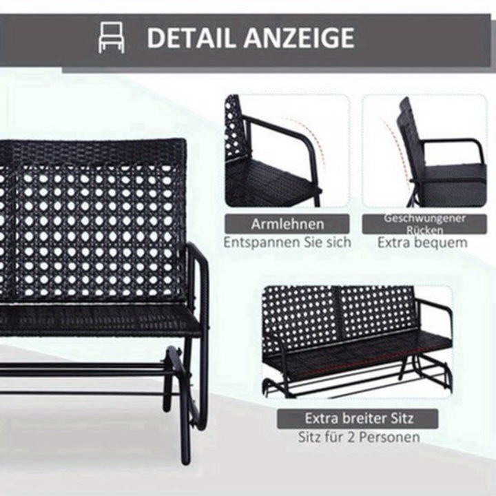 Leagan de gradina Corenia QRE-2062628, 2 locuri, din ratan sintetic (poly rattan) rezistent, cadru metalic cu vopsea pulbere, perne detasabile, negru, 130 x 70 x 120 cm
