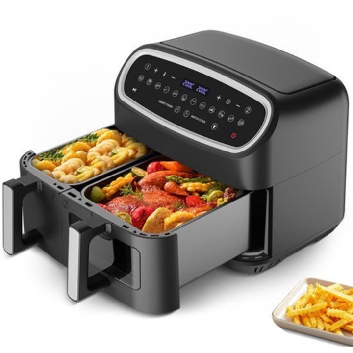 Friteuza cu aer Corenia QRE-2033307, dubla zona 10 L (6 L + 4 L), 2000 W, 12 programe, ecran LED tactil, fereastra transparenta, negru