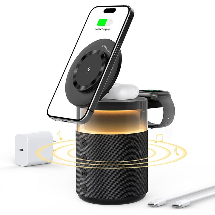 Boxa Bluetooth Goldjoy 717544453239 cu incarcare wireless Qi, suport pentru telefon, ceas si casti, lumina ambientala reglabila, negru
