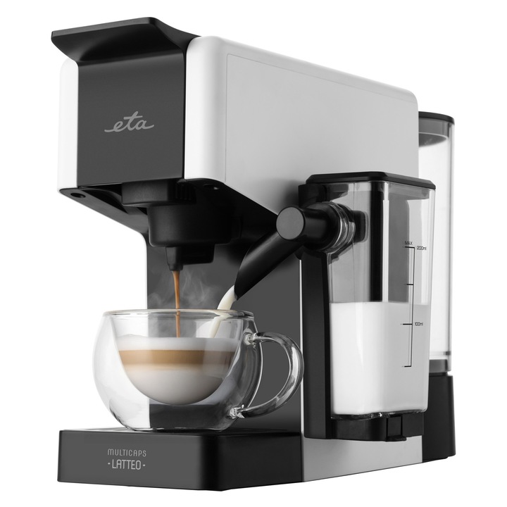 Espressor ETA Multicaps Latteo ETA8175 90000, 1400W, 20 bar, 0.85 l, spumare lapte, compatibil capsule Nespresso, Dolce Gusto, Cafissimo, alb
