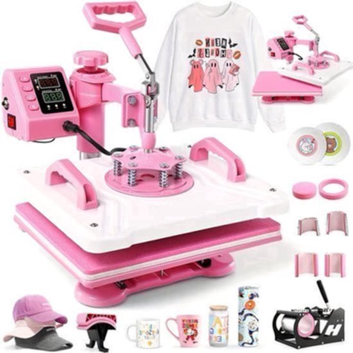 Presa termica Corenia QRE-2032954 8-in-1, multifunctionala pentru tricouri, sepci, cani si placi, platou 38,1x30,48 cm, design 360° swing-away, 220-240V, roz/alb