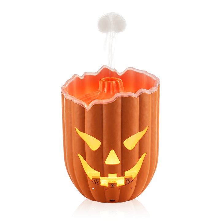 Difuzor de uleiuri esentiale, in forma de dovleac, potrivit pentru uleiuri esentiale si ingrijire a sanatatii, umidificator cu ultrasunete, 7 culori de lumina LED, capacitate de 300 ml, cadou de Halloween, portocaliu