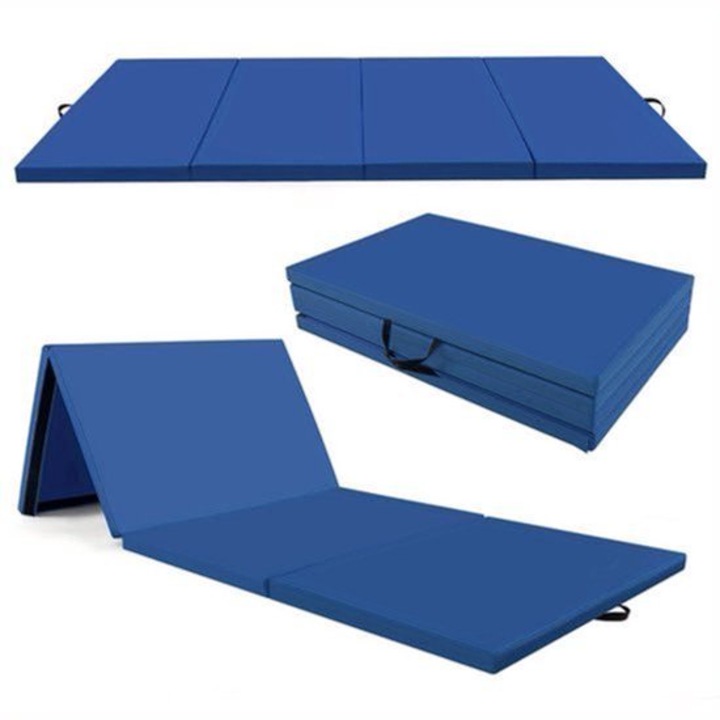 Saltela de gimnastica pliabila Corenia QRE-2073079, PU (piele sintetica) cu spuma, 4 segmente, antialunecare, cu manere si inchidere velcro, albastru, 300 x 117 x 5 cm