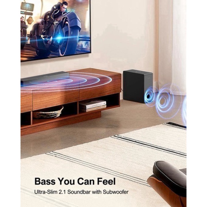 Soundbar 2.1 Corenia QRE-2035968, 160W cu subwoofer cablat, Bluetooth 5.3, HDMI ARC/optica/AUX/USB, moduri EQ Film/Muzica/Game, negru, soundbar 40 x 8 x 3,8 cm