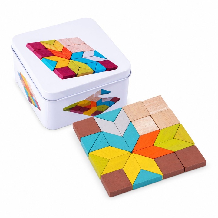 Jucarie Educativa din Lemn, Flippy, Puzzle Mozaic Montessori, 26 Piese Geometrice, Cutie Metalica pentru Depozitare, 100 g, Multicolor