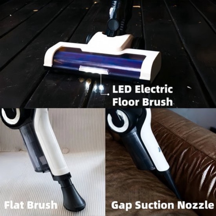Aspirator vertical fara fir Corenia QRE-2036708, 28 KPA, autonomie 40 min, perie electrica LED si accesoriu pentru rosturi, fara sac, 2.7 kg, negru/alb