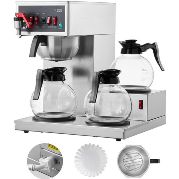 Aparat de cafea cu filtru Corenia QRE-2037175, comercial, 12 cesti, 3 carafe din sticla, 3 placi de incalzire, carcasa inox