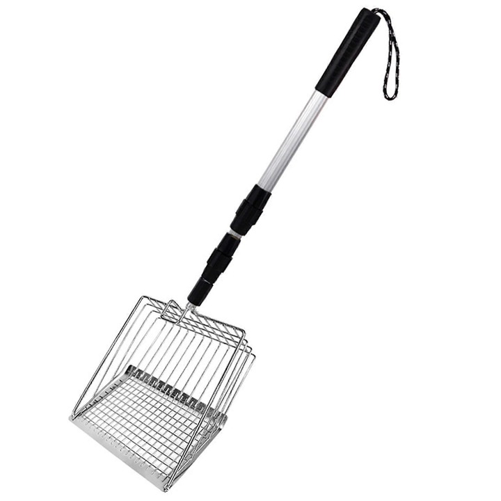 Лопата за почистване на кокошарник CJ-FRG-K0563-20260907-1429, телескопична дръжка, метална глава с решетка, сребрист/черен