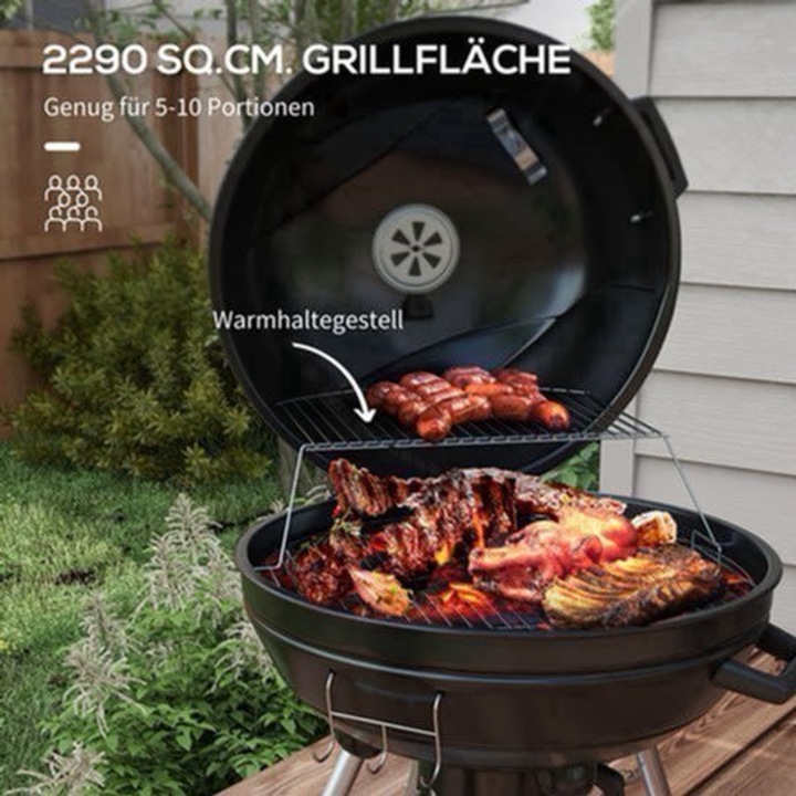 Gratar pe carbune tip bol Corenia QRE-2078552, diametru gril O54 cm, termometru incorporat, tava de cenusa detasabila, raft incalzire si roti, negru, 55x65x89 cm