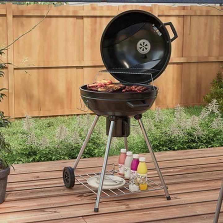 Gratar pe carbuni Corenia QRE-2078219, bol cu grill O54 cm, termometru incorporat, tava de cenusa detasabila, raft si roti, negru, 55 x 65 x 89 cm