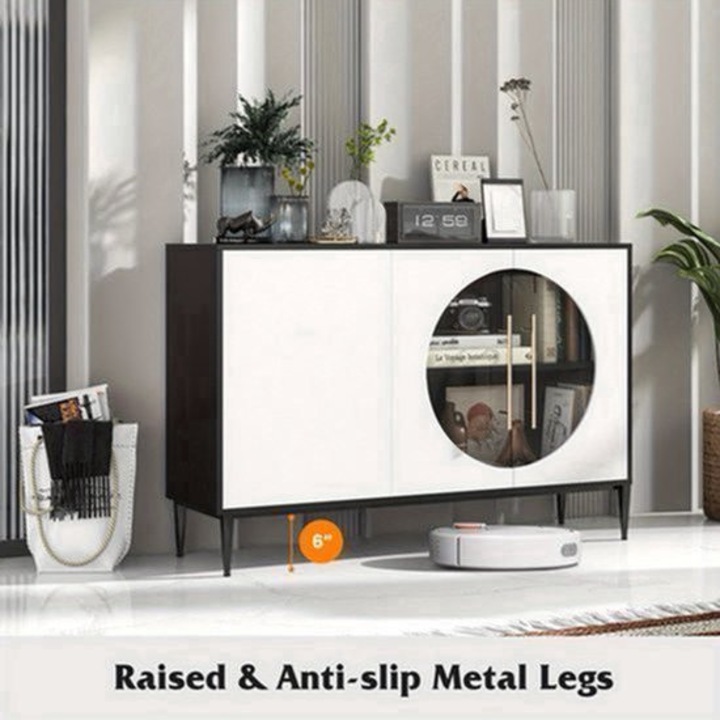 Bufet Corenia QRE-2069266 cu usi din sticla securizata, 2 polite reglabile detasabile, sistem anti-rasturnare, picioare metalice ridicate 15 cm, negru/alb, 119 x 35 x 80 cm