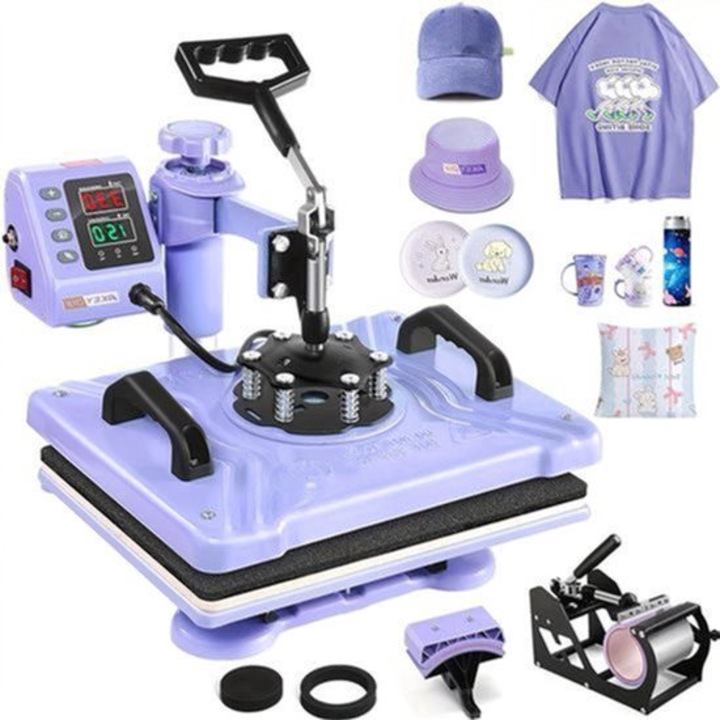 Presa termica Corenia QRE-4205318 5-in-1, suprafata 30 x 38 cm, 360° rotativa, control digital, pentru tricouri/cani/sepci/plate, 220V, lavanda