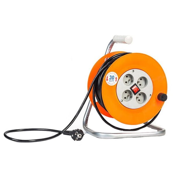 Cablu prelungitor cu 4 prize pe tambur 30m 3x1,5mm, Powermat PM-PB-30-3-1.5, Portocaliu