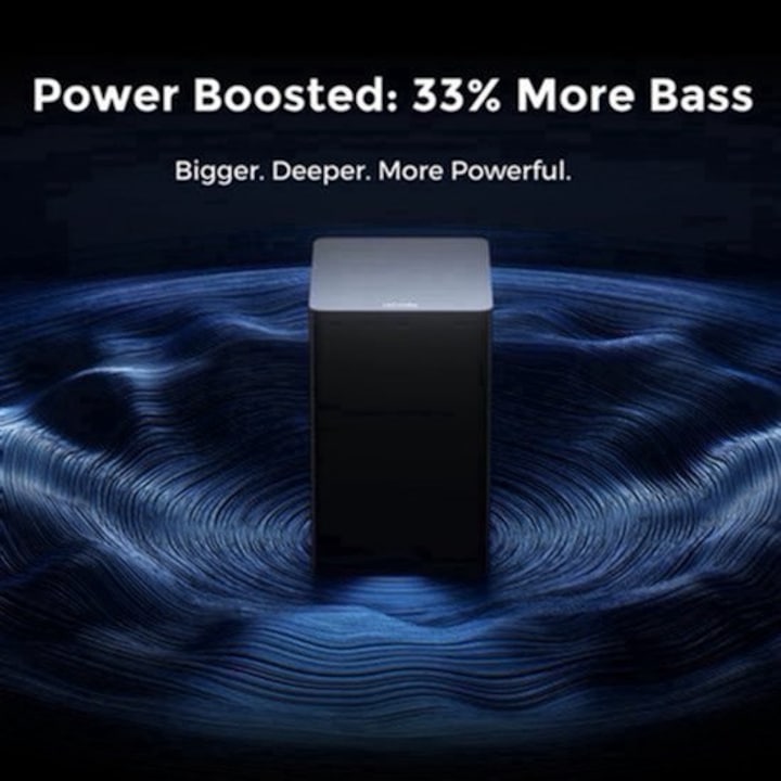 Soundbar Corenia QRE-2039786, sistem home cinema 7.1 cu Dolby Atmos, subwoofer wireless si 4 difuzoare surround, HDMI eARC, frecventa 45 Hz–18 kHz, negru