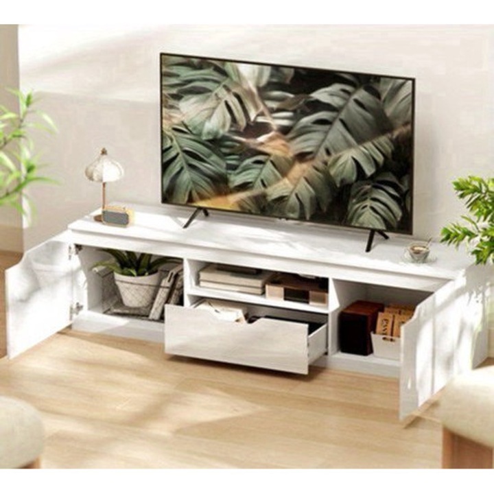 Comoda TV Corenia QRE-2075702, pentru TV pana la 65 inch, 160 cm, 2 usi si 1 sertar, management cabluri, alb