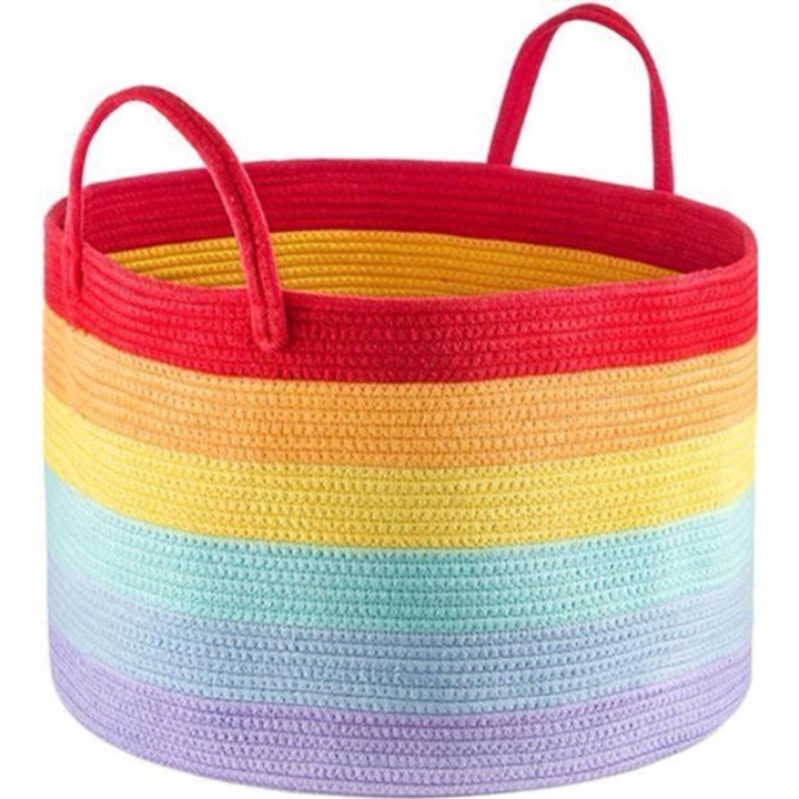 Cos de depozitare impletit din snur de bumbac, rotund cu manere, multicolor