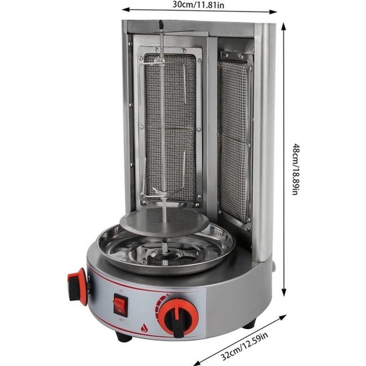 Rotisor vertical Corenia QRE-2041498, grill pe gaz cu motor 360° automat, 2 arzatoare cu infrarosu, capacitate pana la 8 kg, otel inoxidabil, 30 x 32 x 48 cm