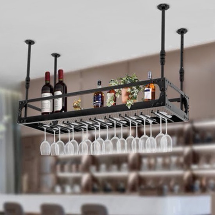 Suport de vin suspendat Corenia QRE-2041588, din fier robust, reglabil pe inaltime, pentru sticle si pahare, negru, 35 x 100 x 55 cm