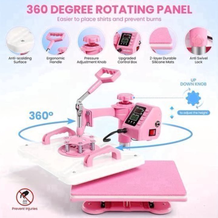 Presa termica 8-in-1 Corenia QRE-2042308, suprafata de presare 38,1 x 30,48 cm, brat rotativ 360°, cu afisaj digital, 220-240V, roz