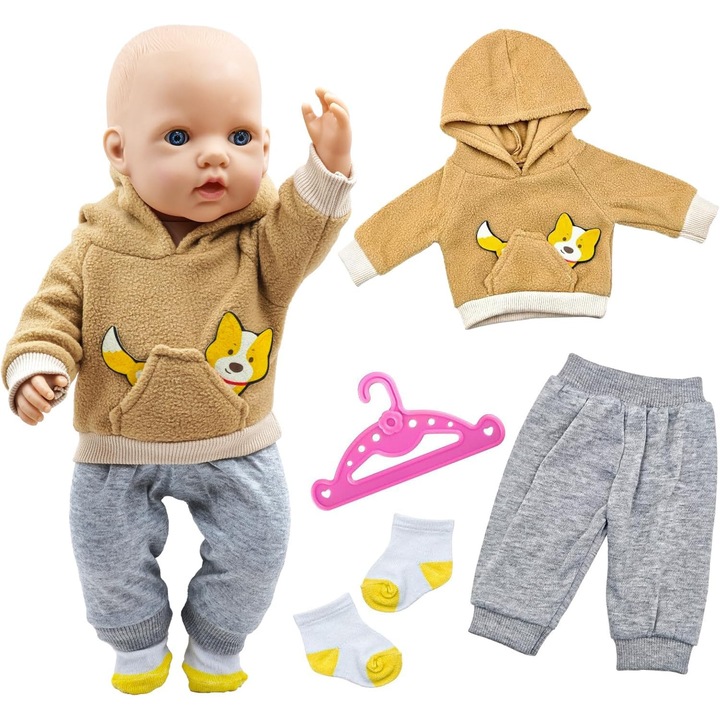 Haine Papusi 35-43 cm: Set 3 Piese cu Catelus, Pantaloni si Sosete