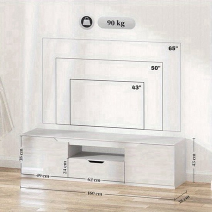 Comoda TV Corenia QRE-2042806, pentru TV pana la 65", 160 cm, 2 usi + sertar, management cabluri, alb