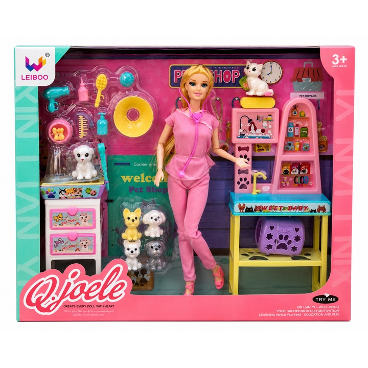 Set de Joaca Cabinet Veterinar cu Papusa Doctor, Figurine Animale de Companie si Accesorii Medicale, Pet Shop, +3 Ani
