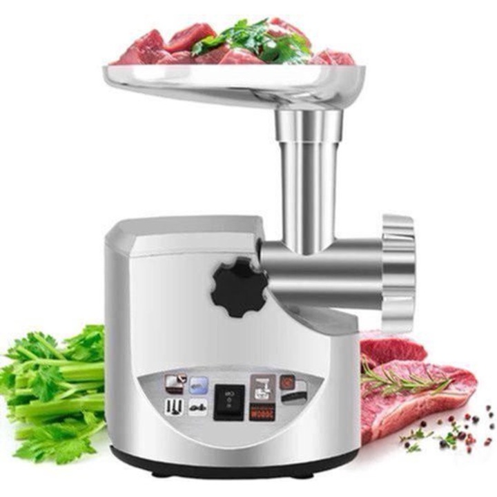 Masina de tocat carne Corenia QRE-2043508, 700W (3000W varf), 1,2 kg/min, lame inox, 3 site 8/7/4 mm, umplut carnati si accesorii, functie inversare, 220-240V, inox