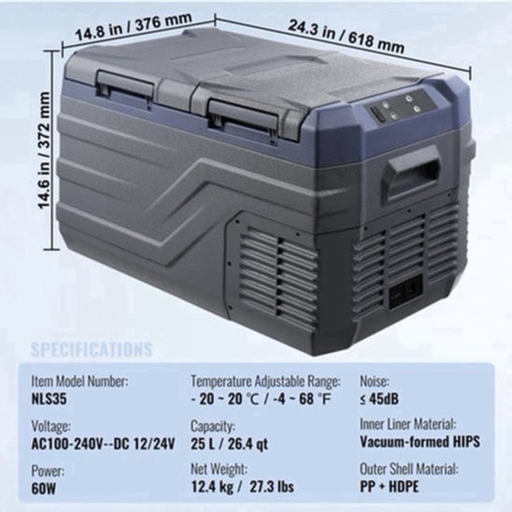Frigider portabil Corenia NLS35 (QRE-2042645) compresor, dual-zone, temperatura reglabila -20°C/+20°C, 12/24V DC & 100-240V AC, 25 L, silentios ≤45 dB, gri/albastru