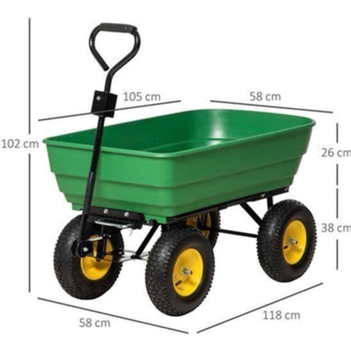 Carucior de gradina Corenia QRE-2043656, bena rabatabila 125 L, capacitate 200 kg, 4 roti pneumatice, verde