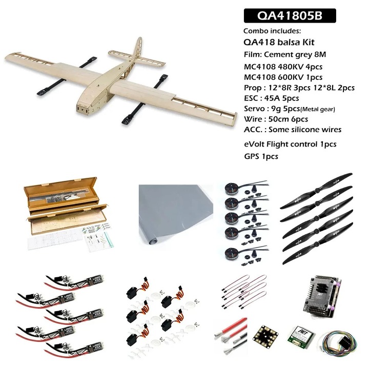 RC самолет QA418, VTOL мултиротор с фиксирано крило за тренировка, размах 1,8 м, комплект от балса, 8 канала, без дистанционно управление, QA41805B