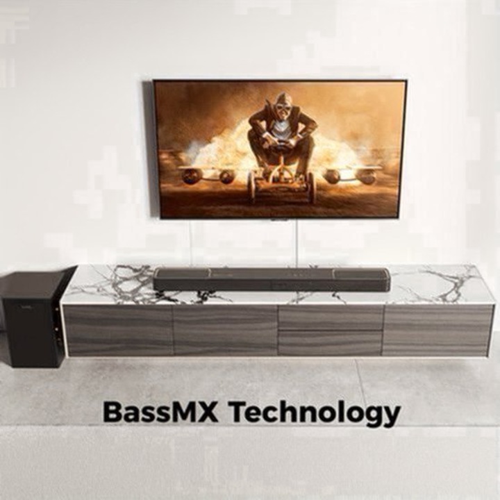 Soundbar Corenia QRE-2044514, 5.1.2 canale cu subwoofer wireless, Dolby Atmos, 460W varf, Bluetooth 5.4, HD eARC, BassMX, negru