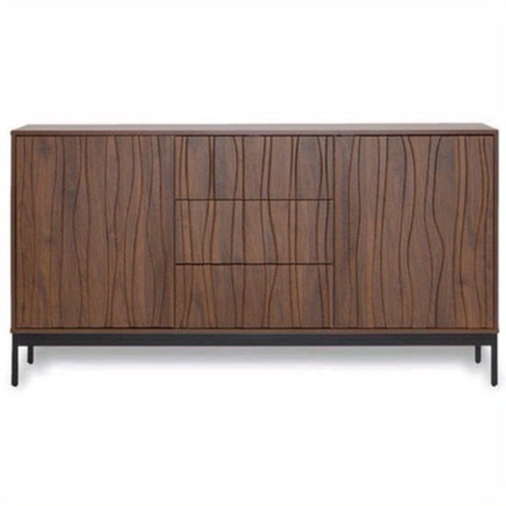 Bufet Corenia QRE-2045586, MDF cu furnir de stejar inchis, 3 sertare si o usa, picioare metalice negre, design mid-century, maro inchis, 150 cm