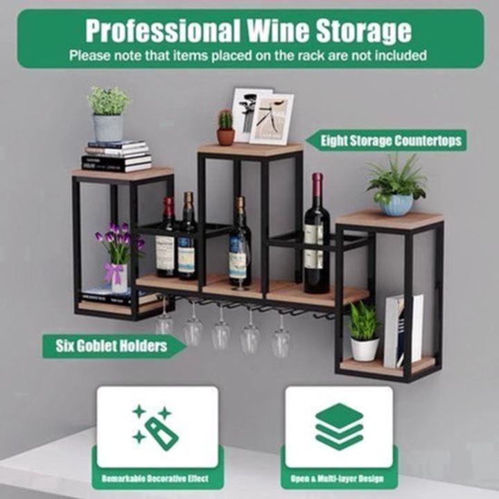 Suport de sticle de vin montat pe perete Corenia QRE-2045931, metal cu polite din lemn masiv, cu suport pentru 6 pahare, capacitate 30 kg, 106 x 20 x 41.5 cm, negru/lemn