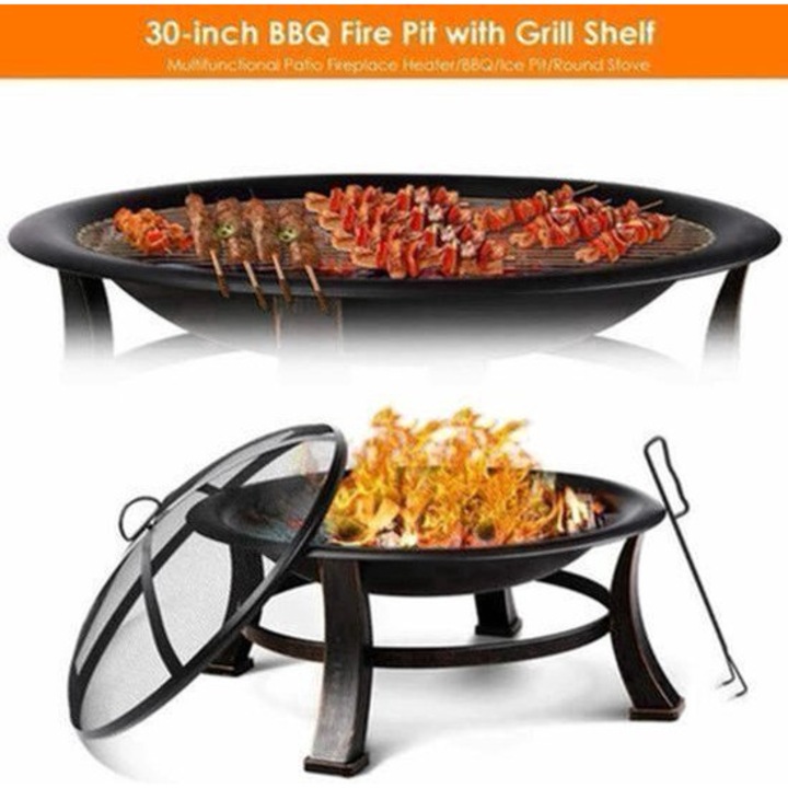 Focar de gradina Corenia QRE-2108658, multifunctional 3-in-1 (vatra/BBQ/incalzitor) din otel vopsit rezistent la caldura, cu gratar si protectie antiparz/impotriva scanteilor, negru, 76 x 76 x 30 cm