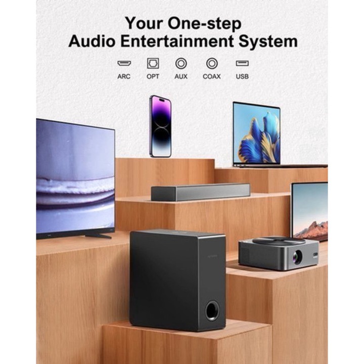 Soundbar 2.1 Corenia QRE-2047930, 160W, subwoofer cu fir 7,2 L, Bluetooth 5.3, HDMI ARC/optic/AUX/USB, negru