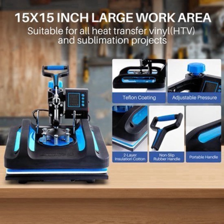 Presa termica 8in1 Corenia QRE-2048744, multifunctionala 12x15 inch, brat rotativ 360°, placi Teflon, display digital, accesorii pentru cani/sepci/tavi, negru/albastru