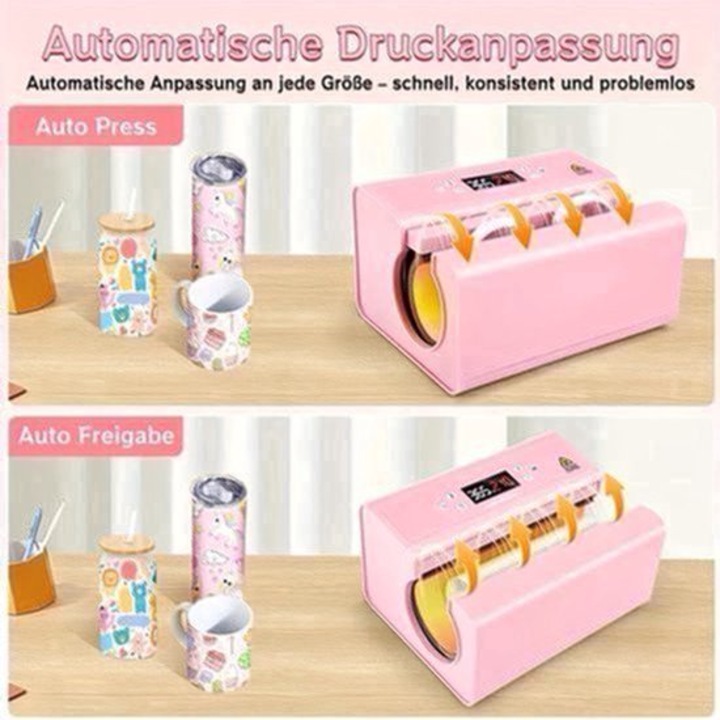 Presa termica pentru cani Corenia QRE-2049049, automata cu reglare presiune, 550W, pentru tumblers O 7,5–8,5 cm, inaltime max. 25 cm, include hartie pentru sublimare si banda, roz