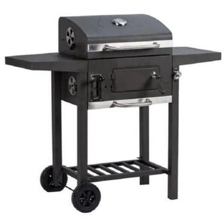 Gratar pe carbuni Corenia QRE-2071052, cu capota si raft lateral pliant, termometru integrat, 4 ventilatii reglabile, tava de cenusa detasabila, roti si maner inoxidabil, negru, 100 x 36 x 97 cm