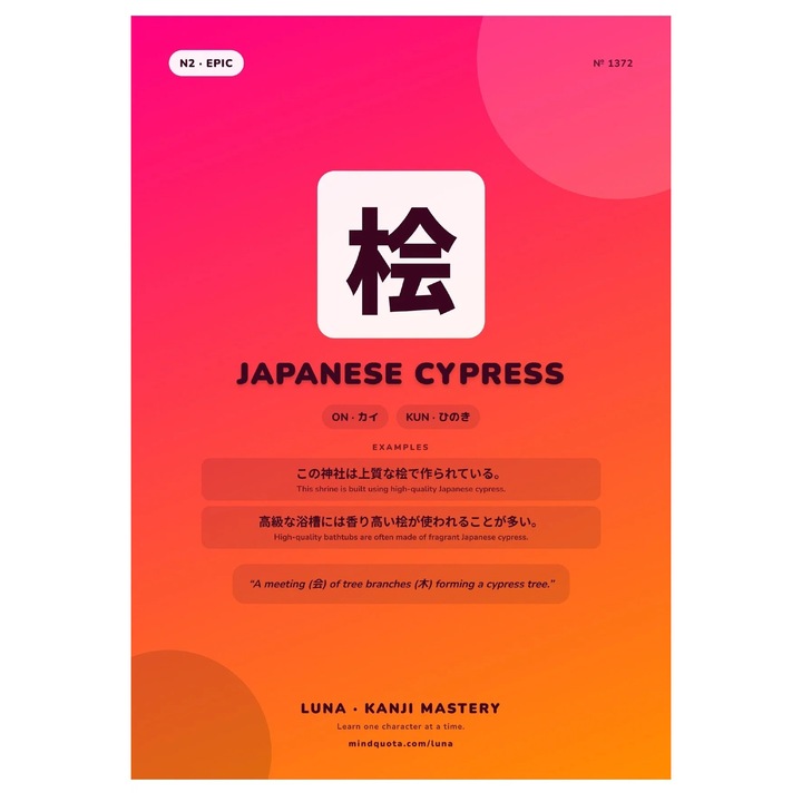 Poster Kanji Japanese cypress A4, carton 250 g/m2, design minimalist educational, roz/oranj, VP-4002501127855
