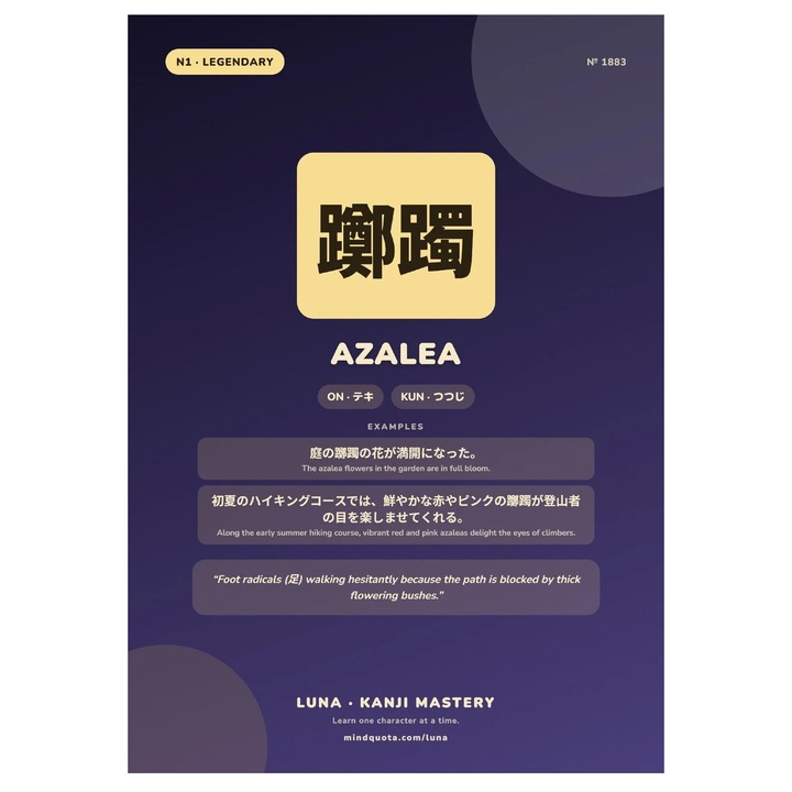 Poster informativ Kanji Azalea, imprimare HD pe carton 250 g/m², mov/bej, A4 (21 x 29,7 cm)