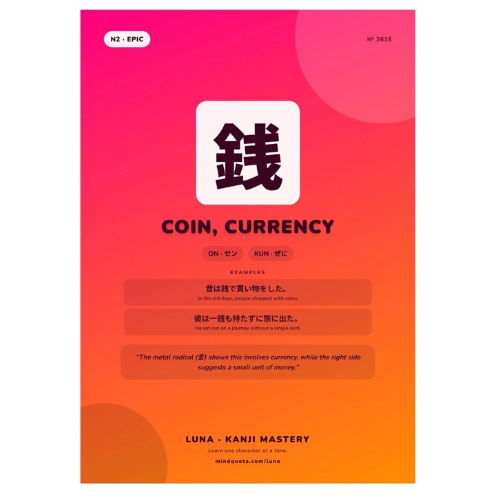Poster VP-4002501141639, simbol kanji pentru moneda, carton 250 g, print HD, roz/portocaliu, A4 (21 x 29,7 cm)