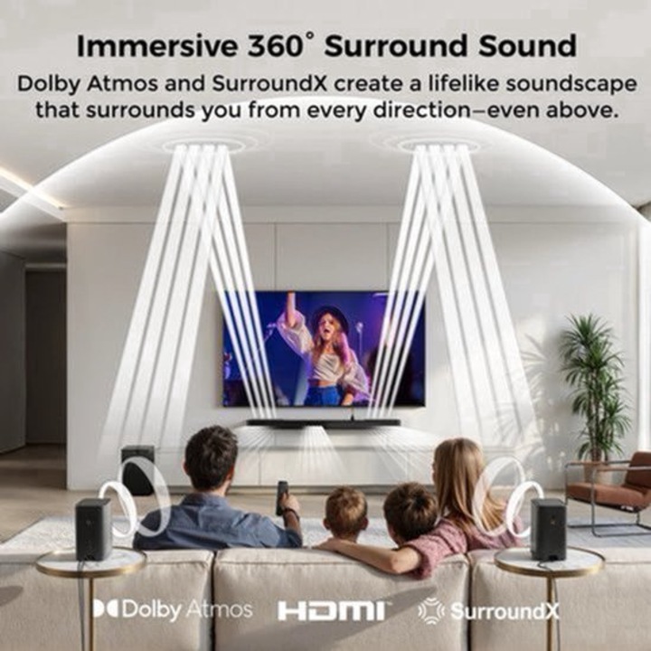 Set home cinema Corenia QRE-2077562, 5.1.2 canale Dolby Atmos cu up-firing, subwoofer wireless 6,5 inch (pana la 40 Hz), HDMI eARC, Bluetooth 5.4, control prin aplicatie, negru