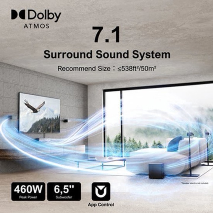 Soundbar Corenia QRE-2050397, sistem home theater 7.1 Dolby Atmos cu subwoofer wireless 6,5 inch, 500W, HDMI eARC, Bluetooth 5.3, control prin aplicatie, negru