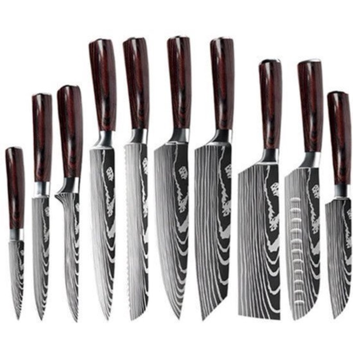 Set de cutite de bucatarie Corenia QRE-2050093, otel inoxidabil Laser Damascus, include cutit chef, Santoku si pentru filetat, maner lemn maro, 10 piese