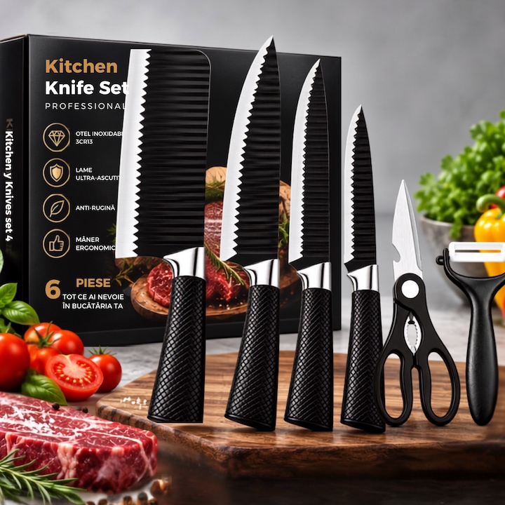 Set 6 Cutite Profesionale de Bucatarie, Otel Inox Premium Infiniteea™, Lame Negre Striate Antiaderente 15°, Maner Ergonomic Antialunecare, Contine Satar, Cutitul Bucatarului, Feliat, Utilitar, Foarfeca si Curatator Legume